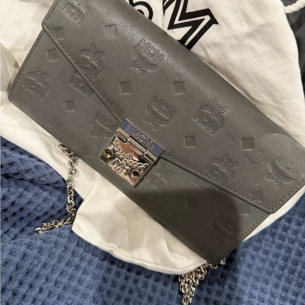 MCM Embossed Gray Leather Clutch